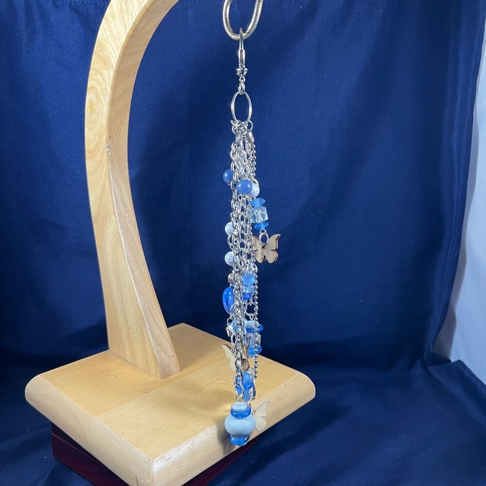 Blue & Silver Artisan Bag Charm With Butterflies & Glass Beads Unique Handmade A